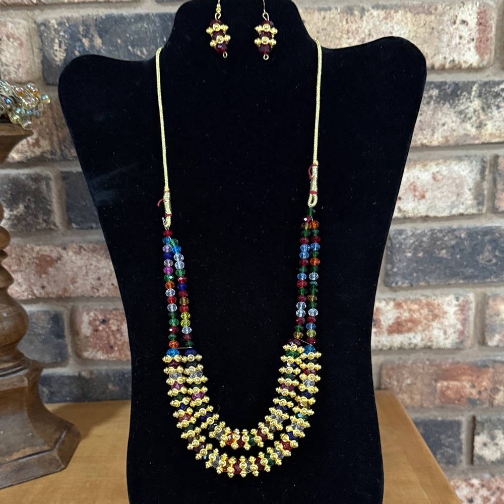 Artisan Colorful Glass Hand Beaded 2 Tiered Necklace and Earring set